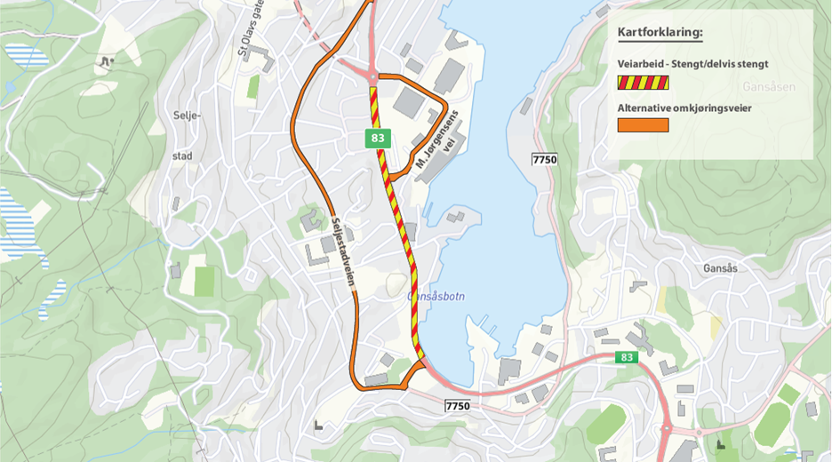 Kartillustrasjon som viser hvilken del av rv.83 som skal stenges, og mulige omkjøringsruter om Margrethe Jørgensens vei og Seljestadveien.