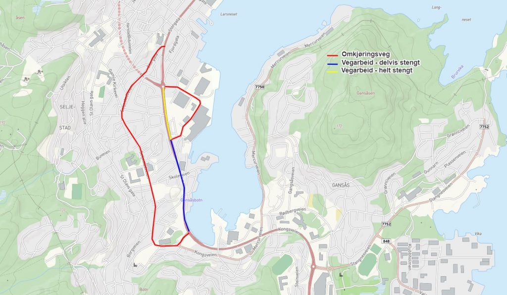 Kartskisse som viser nye forkjørsveger langs Seljestadveien og Verkstedveien / M. Jørgensens vei i Harstad.
