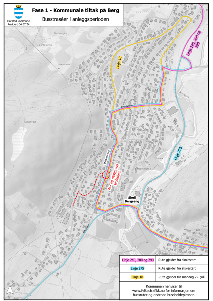 Skissen “Fase 1” viser kollektivtraséer fra mandag 22.juli og fram til midten av oktober.