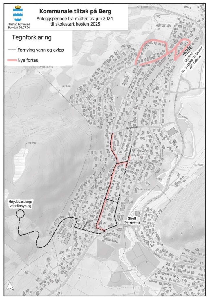 Skissen gir et overblikk over de planlagte kommunale tiltakene på Berg.